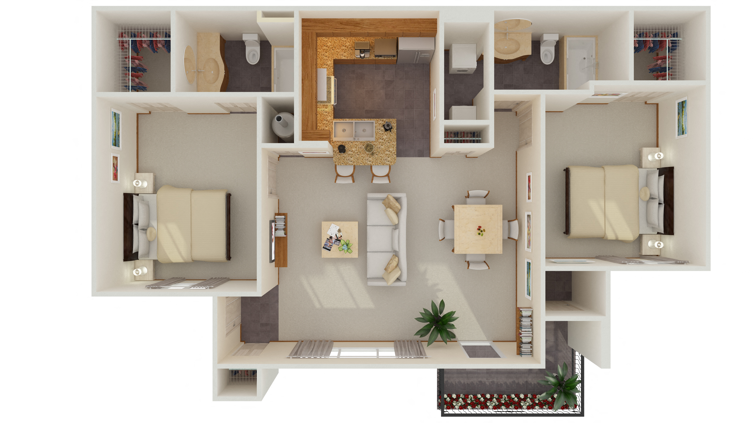 Floor plan for 2 beds, 2 baths, 1050 sqft